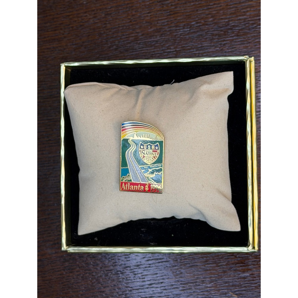 Vintage Atlanta 1996 Olympic Games USA Native Shield Enamel Lapel Pin Gold Tone